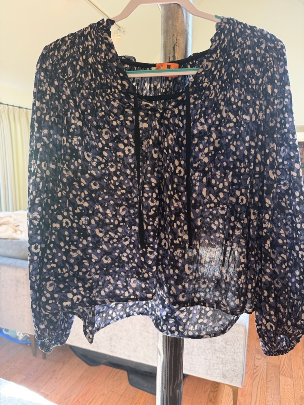 Ulla Johnson Navy and Cream Floral Tie-Neck Blouse